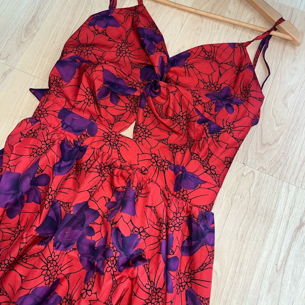 Floral Red and Purple keyhole Tie Back/ Back-less Maxi Dress - Picture 2 of 7